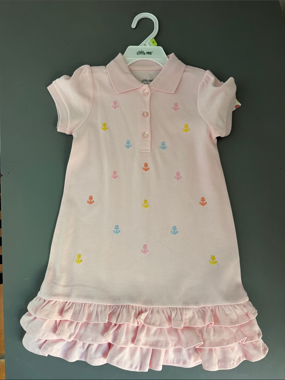 Little Me Pastel Pink Polo Dress with Multicolor Anchor Embroidery